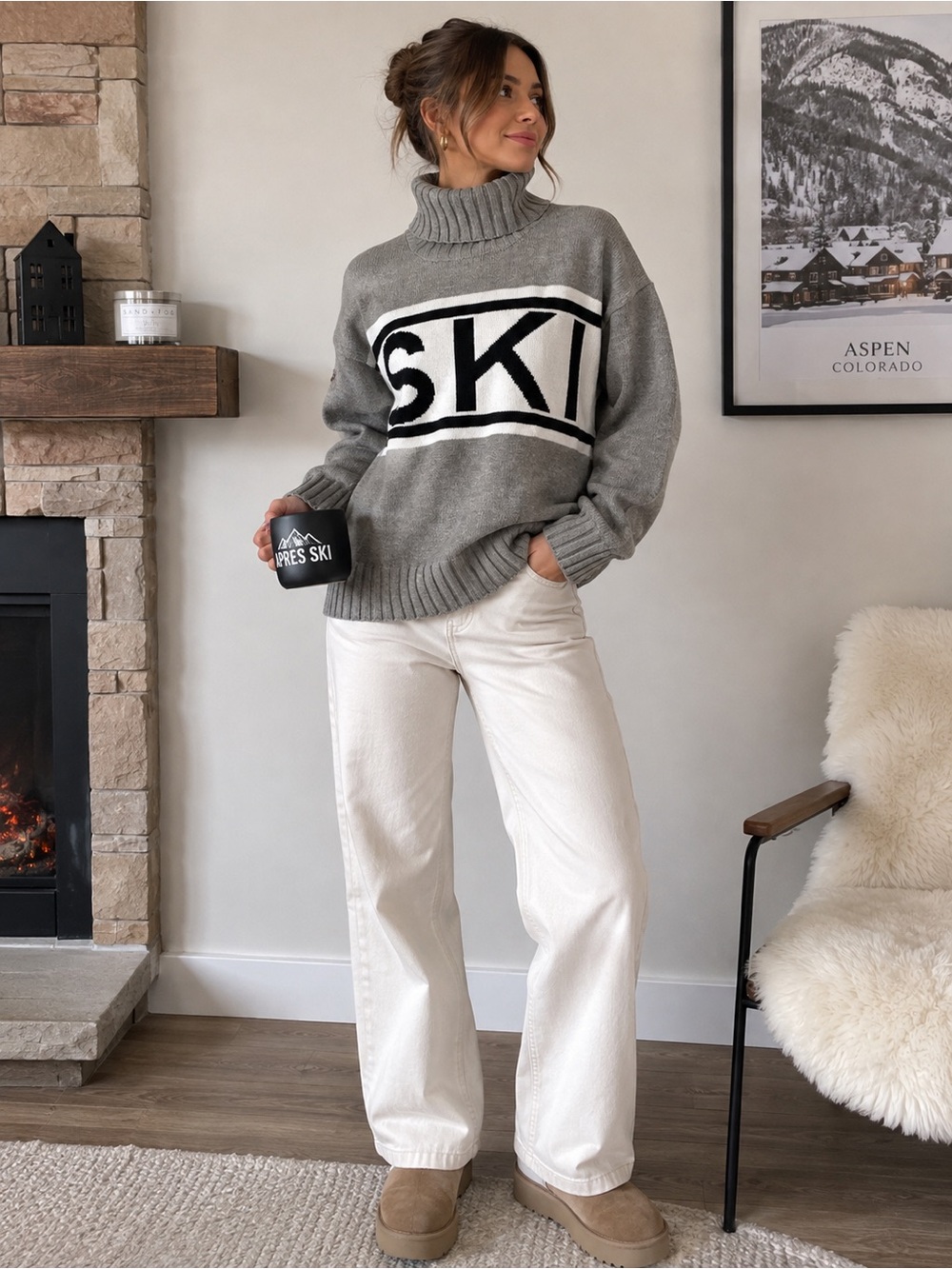 Elan Grey Ski Graphic Turtleneck Sweater 100% Cotton Après Ski Size S